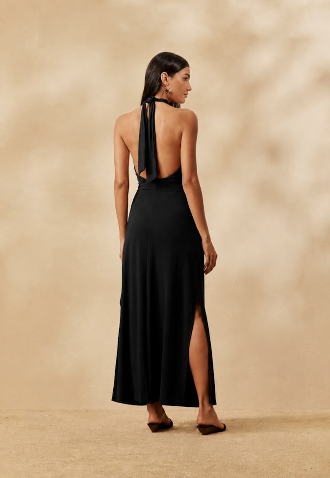 Vestido Midi Liso Frente Única Halter 