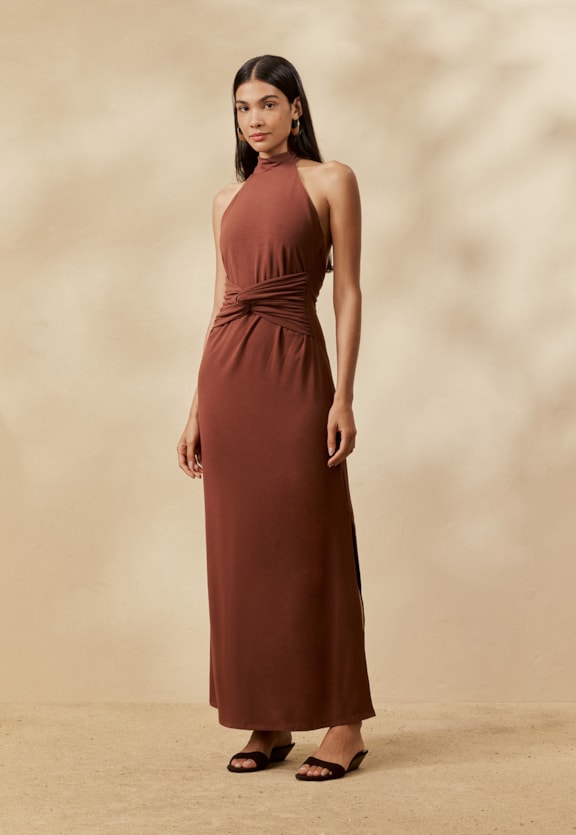 Vestido Midi Liso Frente Única Halter  Vista Frontal