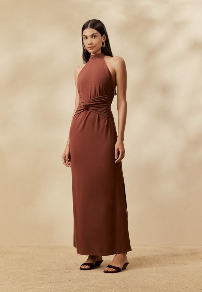 Vestido Midi Liso Frente Única Halter 