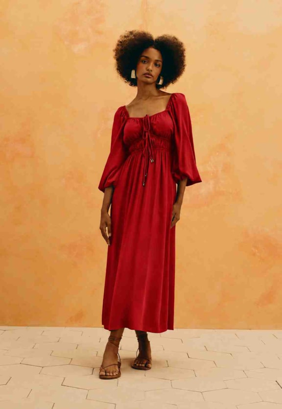 Vestido Midi Liso Manga Bufante Vista Frontal