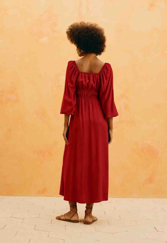 Vestido Midi Liso Manga Bufante Vista Traseira
