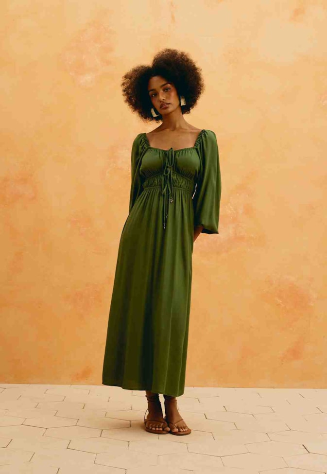 Vestido Midi Liso Manga Bufante