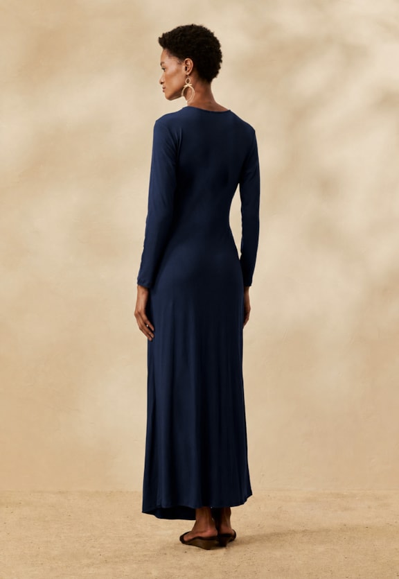 Vestido Midi Liso Manga Longa Vista Traseira