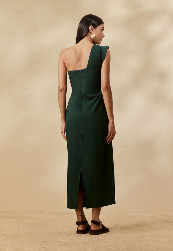 Vestido Midi Liso Pregas Vista Traseira