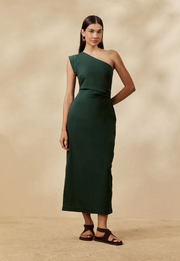 Vestido Midi Liso Pregas Vista Frontal
