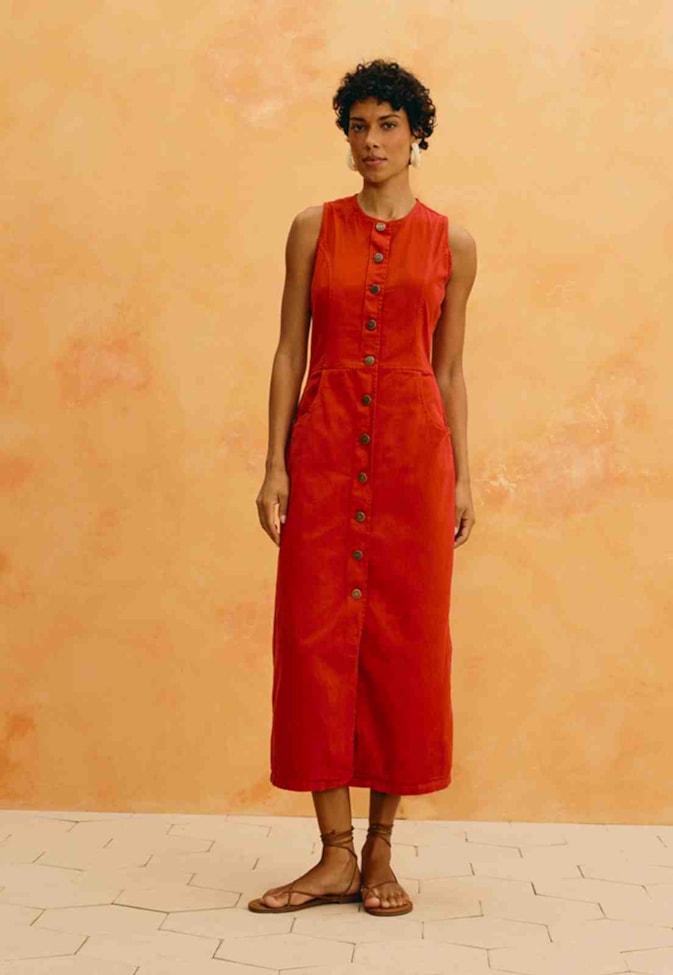 Vestido Midi Liso Sarja Bolsos 