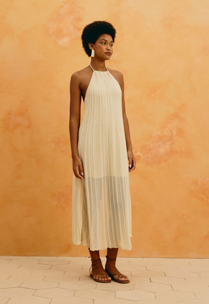 Vestido Midi Liso Tricot Rendado
