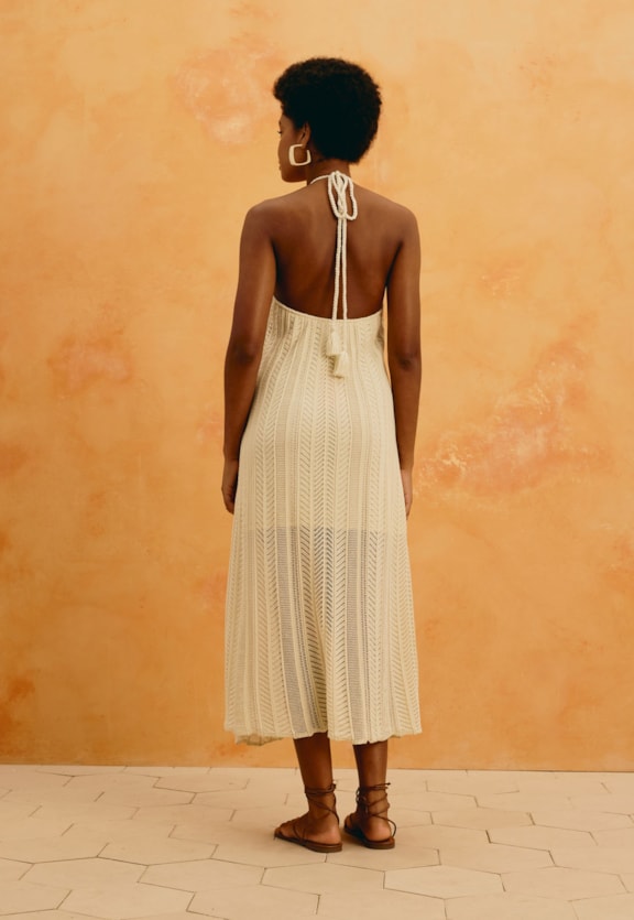 Vestido Midi Liso Tricot Rendado Vista Traseira