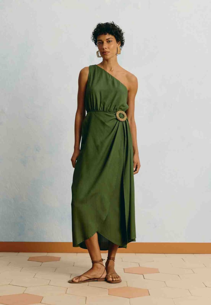 Vestido Midi Liso Um Ombro Só Argola