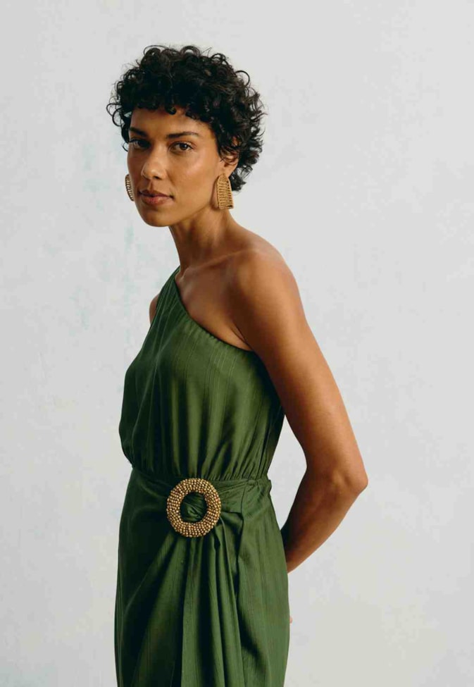 Vestido Midi Liso Um Ombro Só Argola
