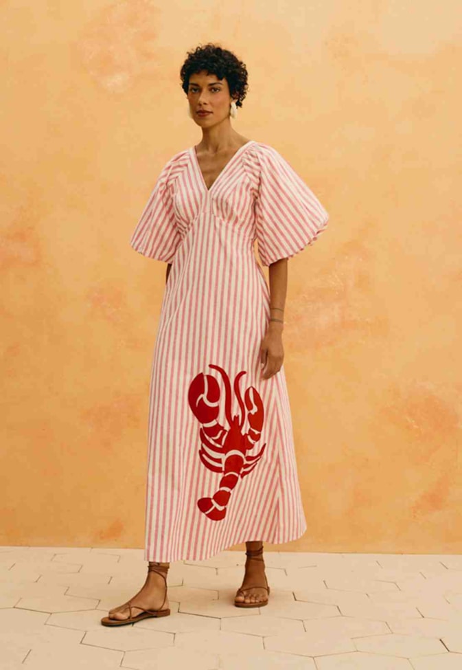 Vestido Midi Listrado Bordado Lagosta