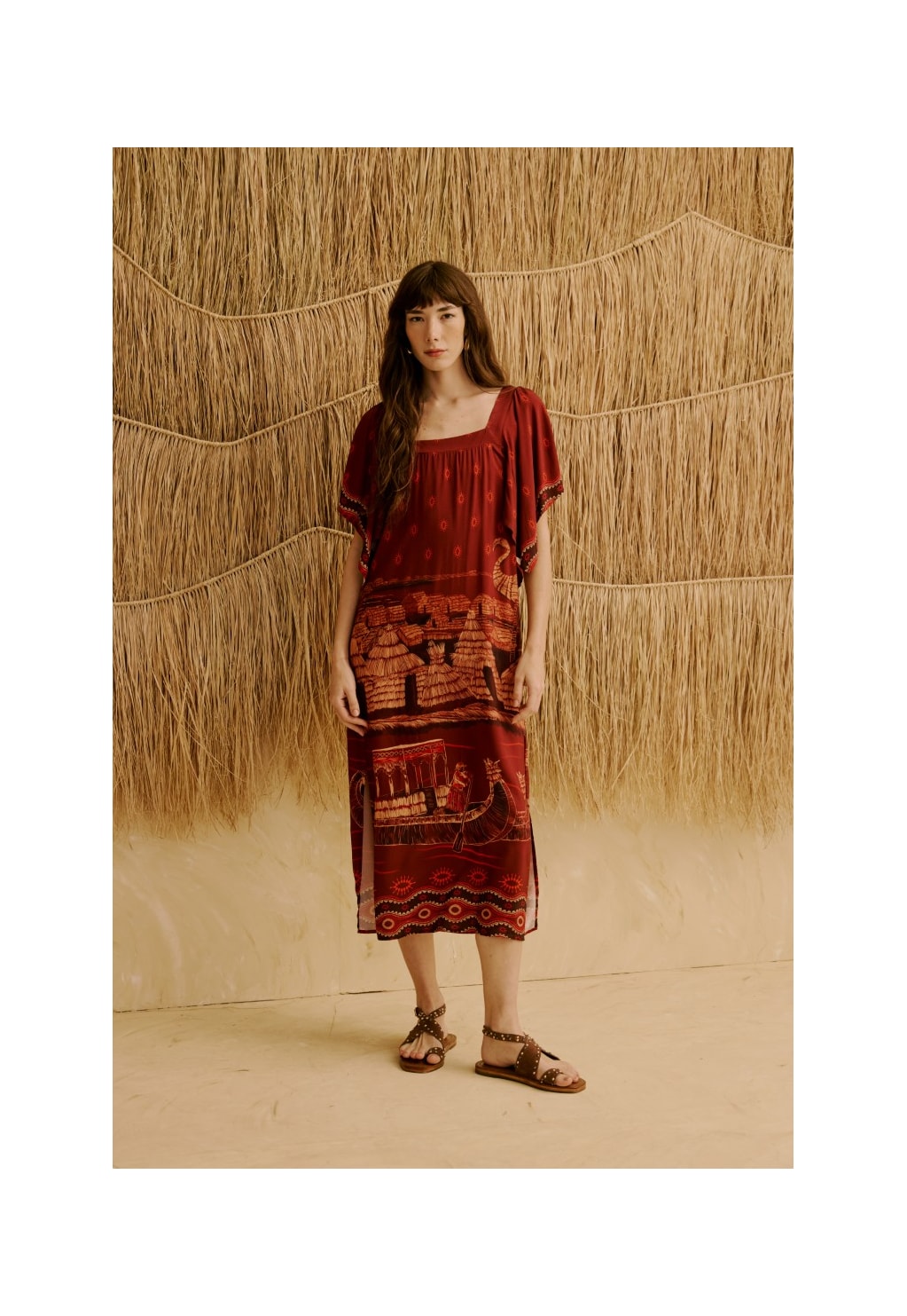 Vestido Midi Manga Ampla Estampado Lago Titicaca