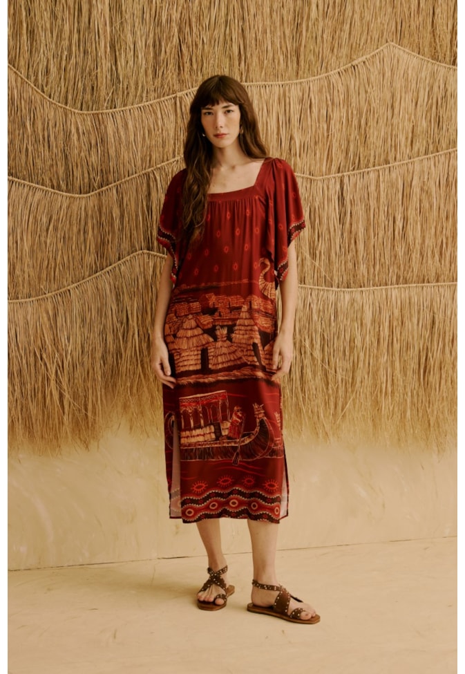 Vestido Midi Manga Ampla Estampado Lago Titicaca