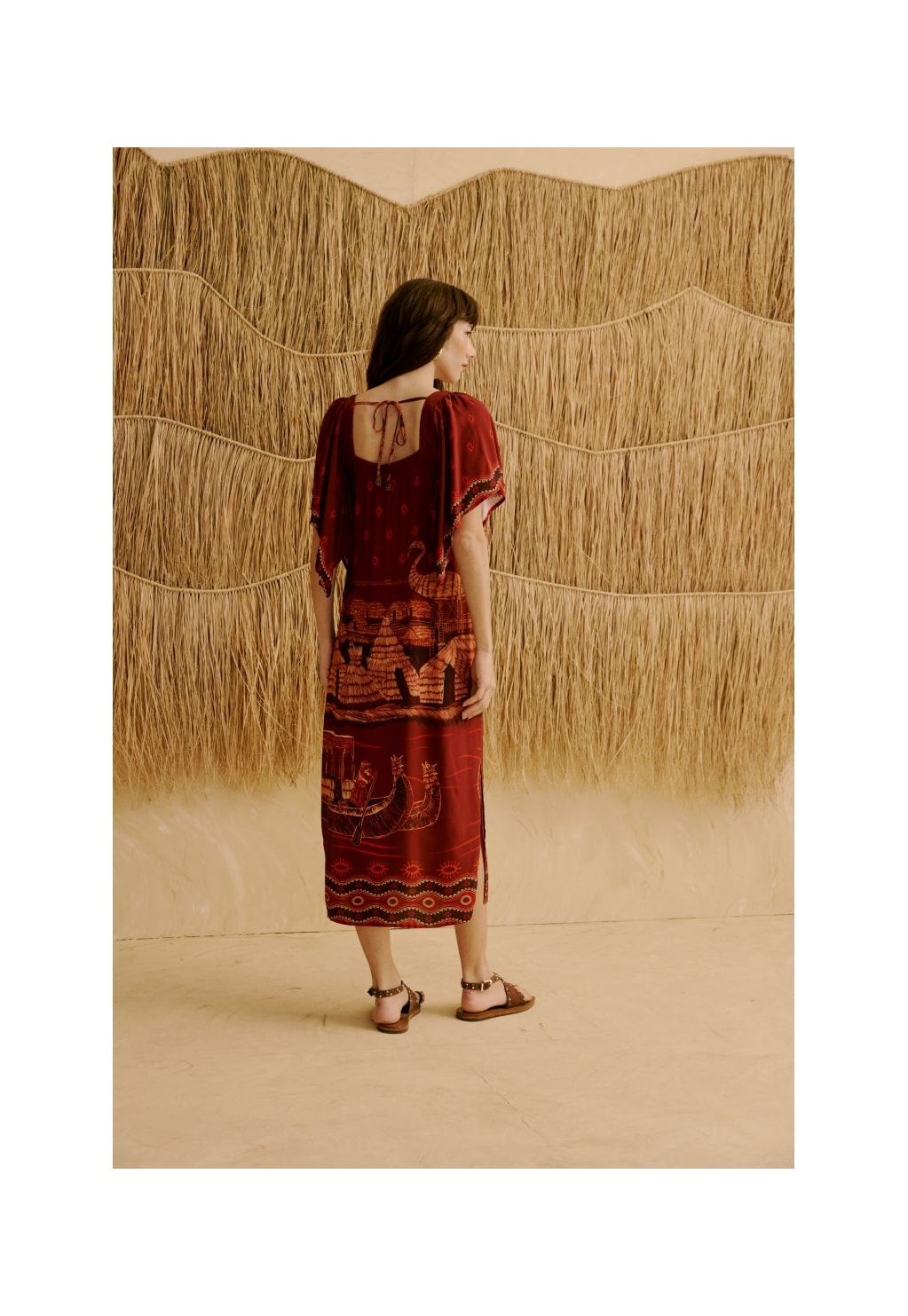 Vestido Midi Manga Ampla Estampado Lago Titicaca