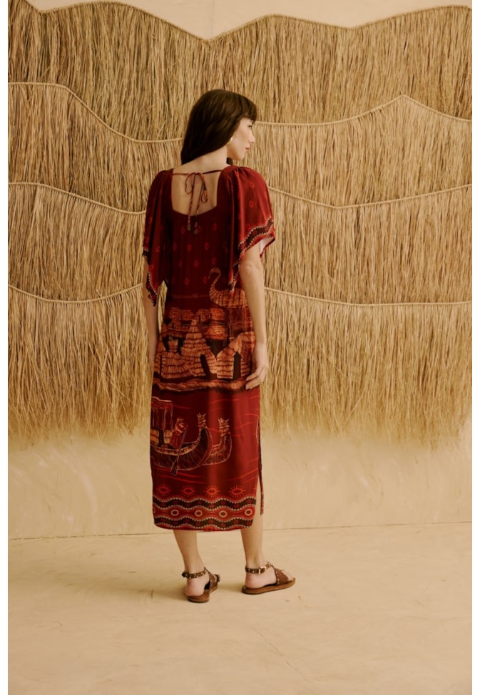 Vestido Midi Manga Ampla Estampado Lago Titicaca