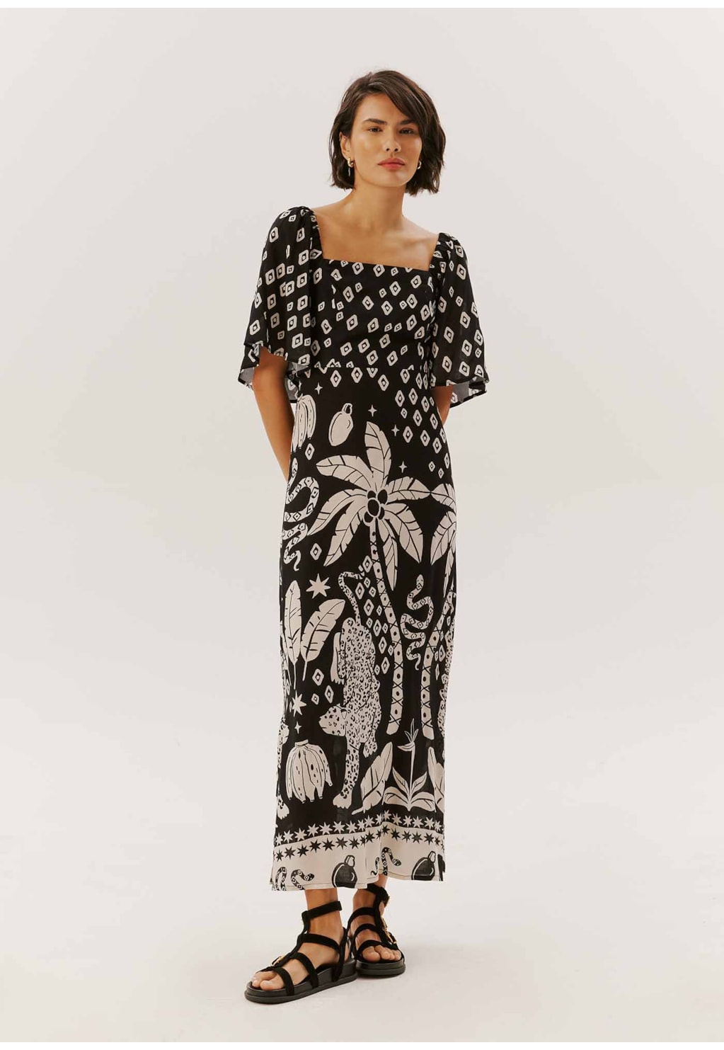 Vestido Midi Manga Ampla Estampado Tulum