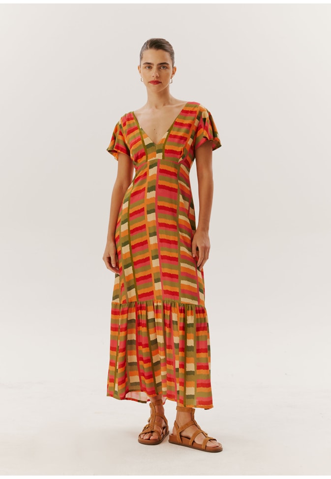 Vestido Midi Manga Babado Estampado Ciranda