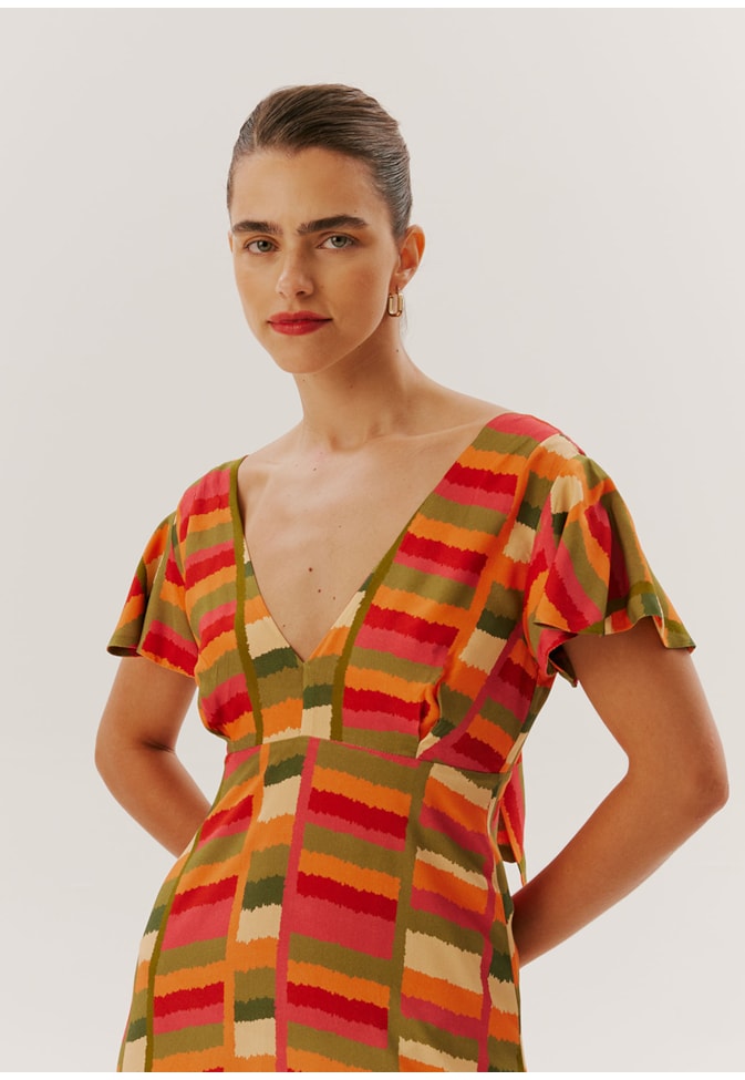 Vestido Midi Manga Babado Estampado Ciranda