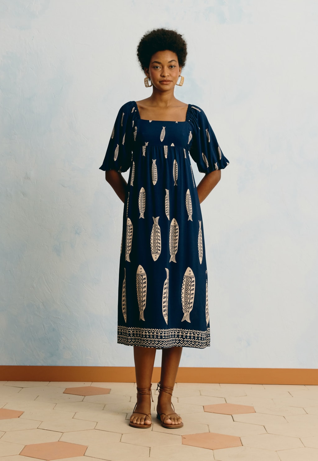 Vestido Midi Manga Bufante Estampado Cayma