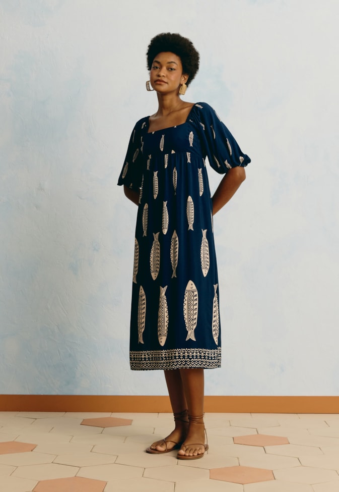 Vestido Midi Manga Bufante Estampado Cayma
