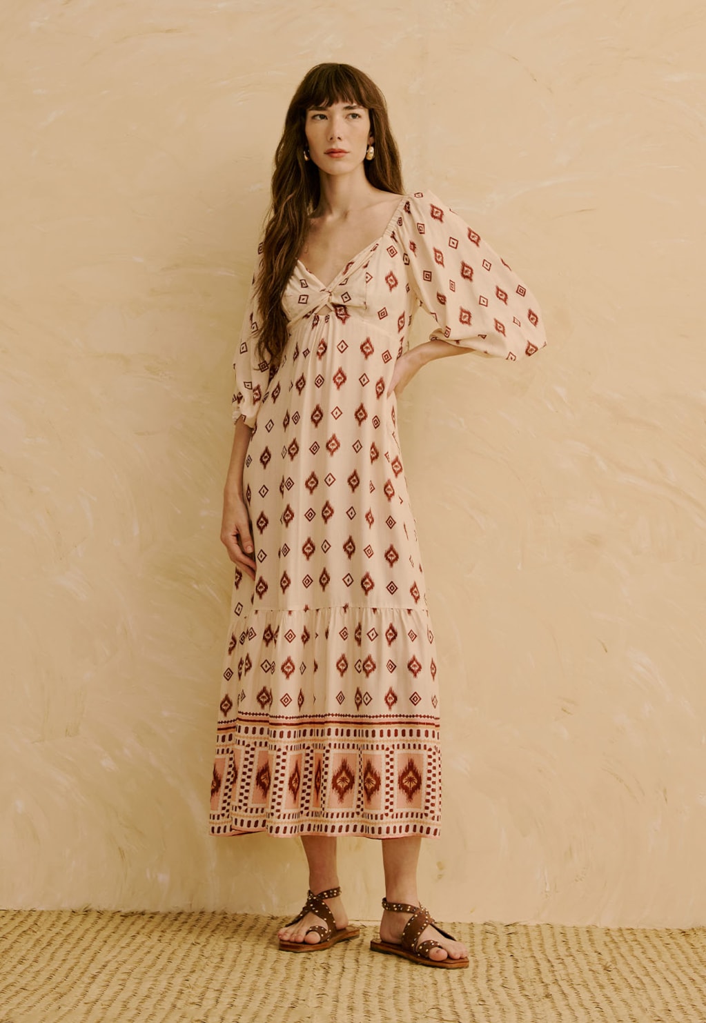 Vestido Midi Manga Bufante Estampado Coité