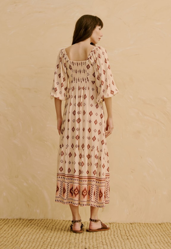 Vestido Midi Manga Bufante Estampado Coité Vista Traseira