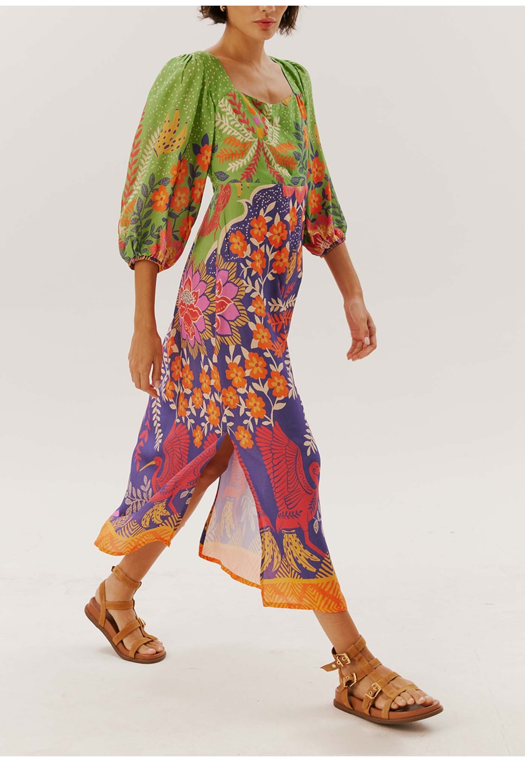 Vestido Midi Manga Bufante Estampado Copaíba