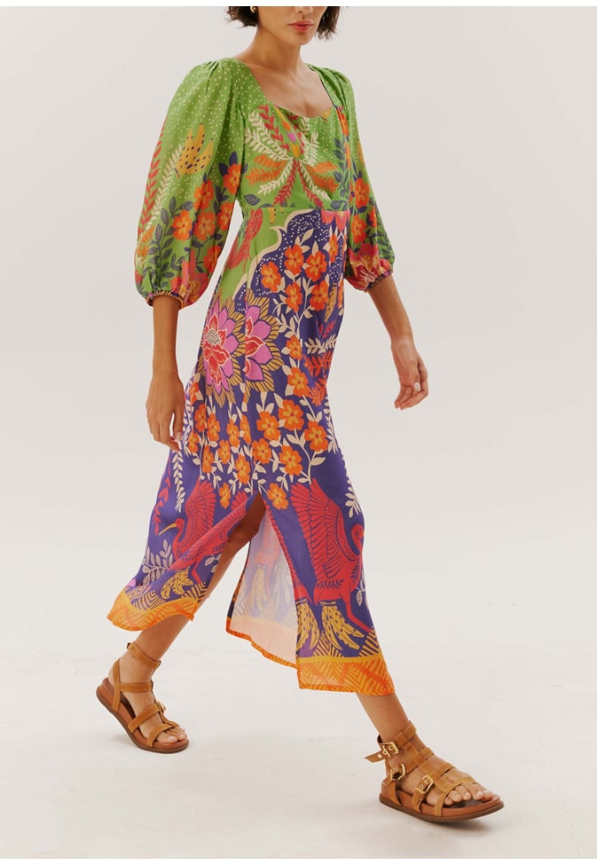 Vestido Midi Manga Bufante Estampado Copaíba