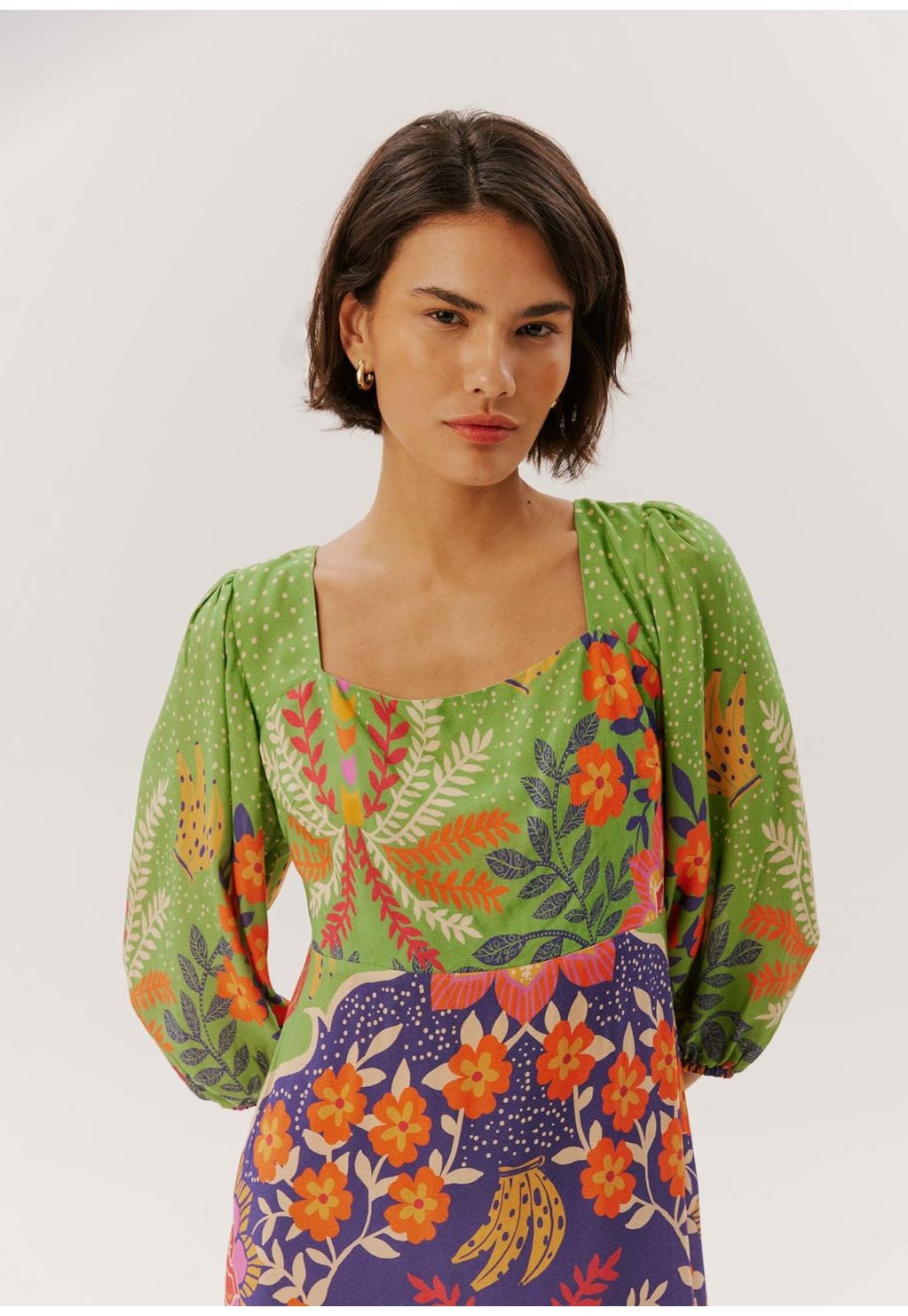 Vestido Midi Manga Bufante Estampado Copaíba