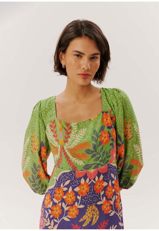 Vestido Midi Manga Bufante Estampado Copaíba