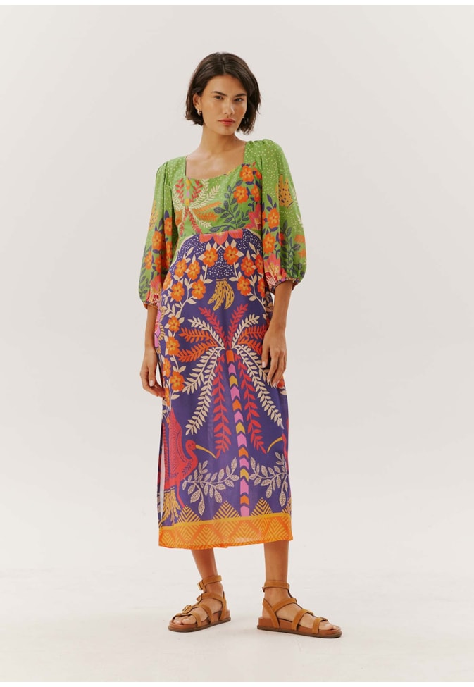 Vestido Midi Manga Bufante Estampado Copaíba