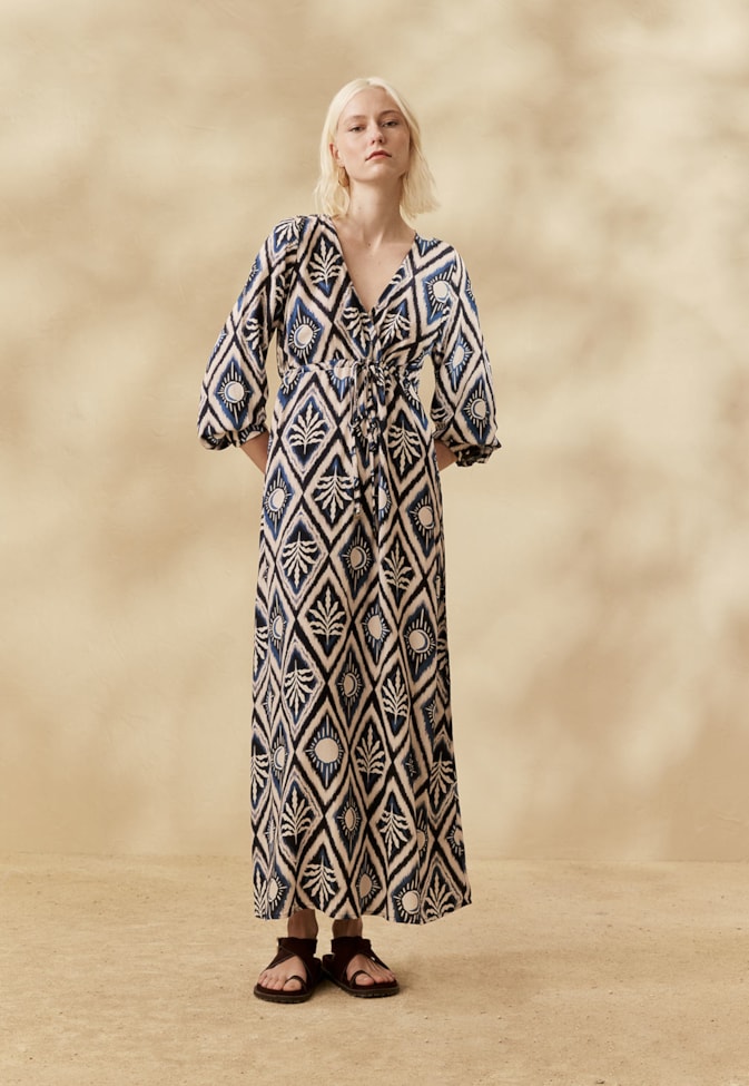 Vestido Midi Manga Bufante Estampado Inti