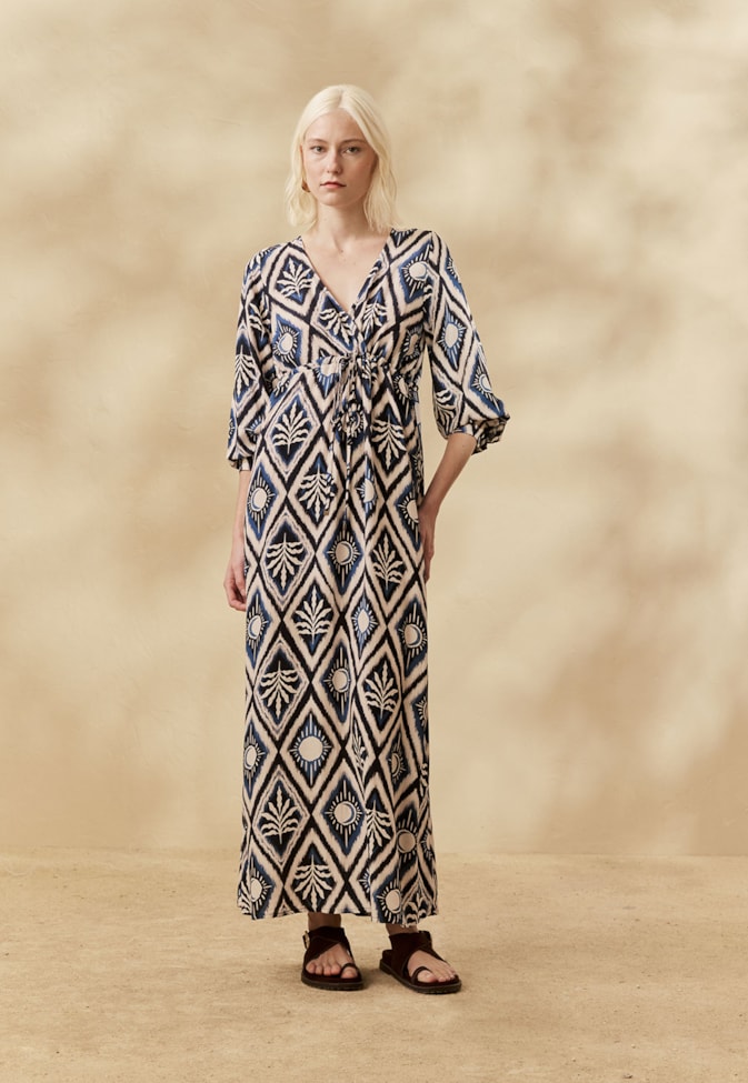 Vestido Midi Manga Bufante Estampado Inti