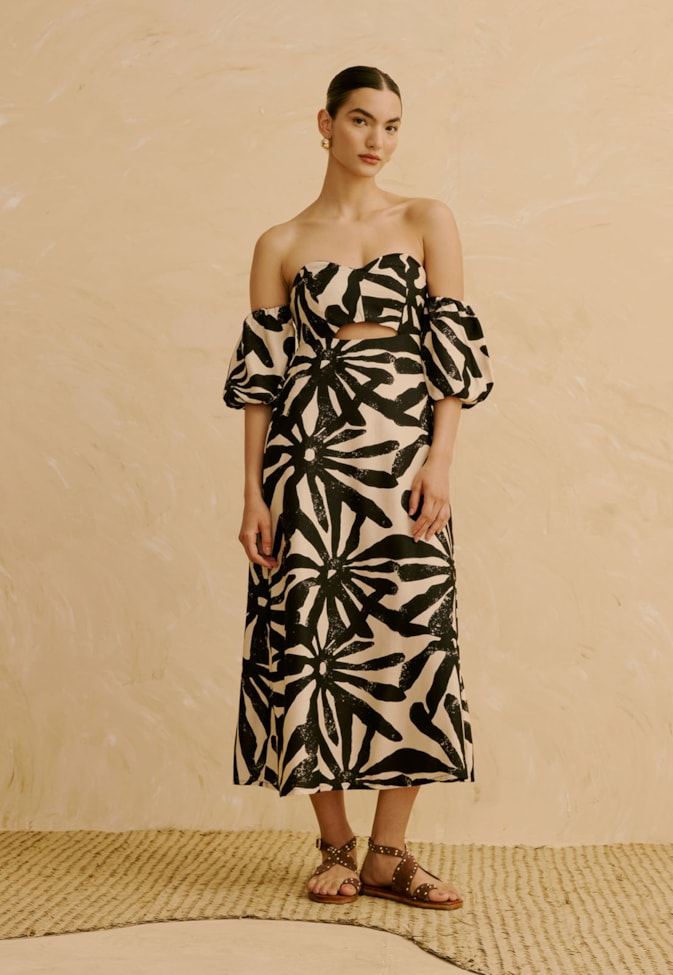 Vestido Midi Manga Bufante Estampado Perka