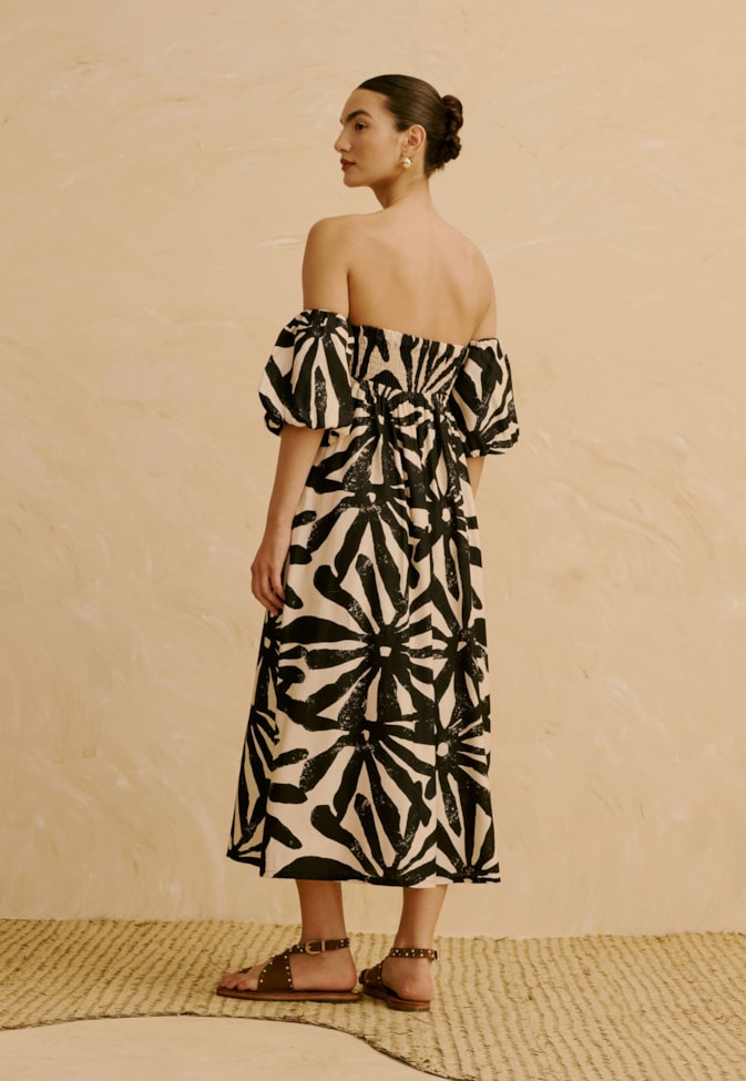Vestido Midi Manga Bufante Estampado Perka