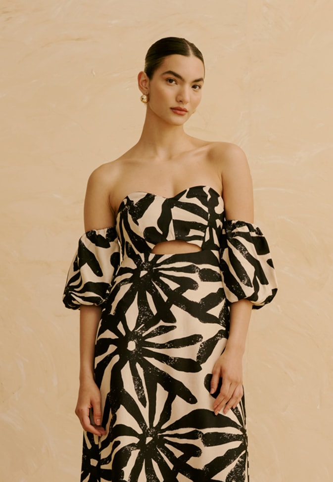 Vestido Midi Manga Bufante Estampado Perka