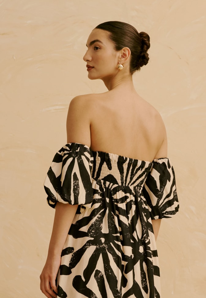 Vestido Midi Manga Bufante Estampado Perka