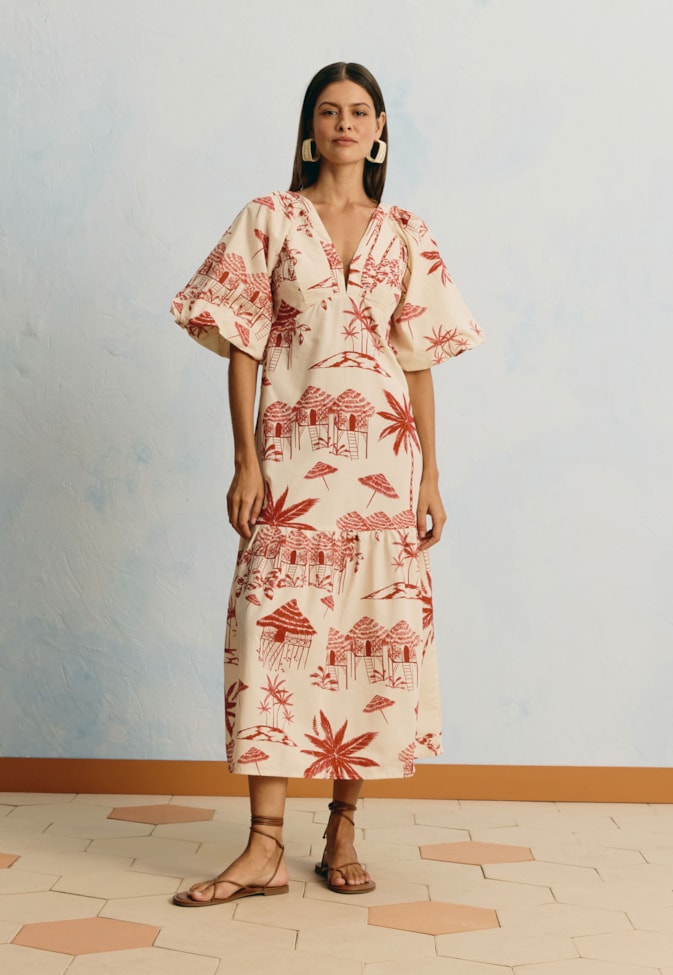 Vestido Midi Manga Bufante Estampado Playa Blanca