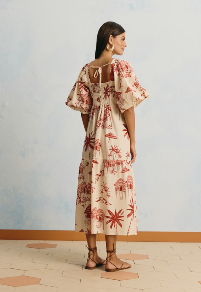 Vestido Midi Manga Bufante Estampado Playa Blanca