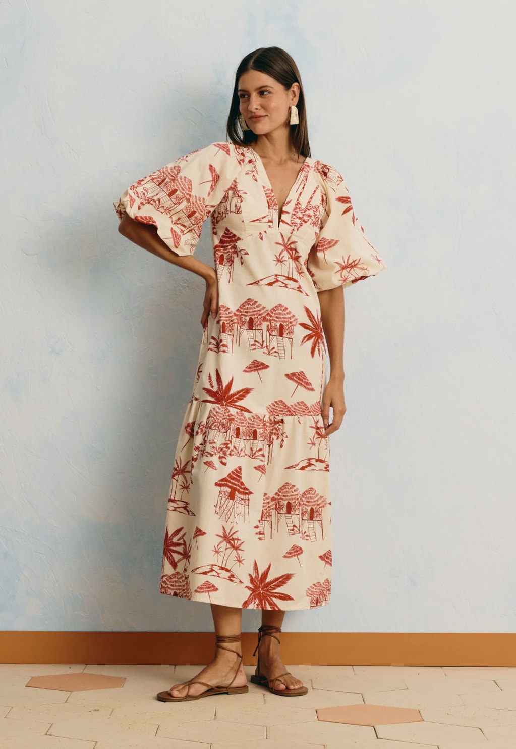 Vestido Midi Manga Bufante Estampado Playa Blanca