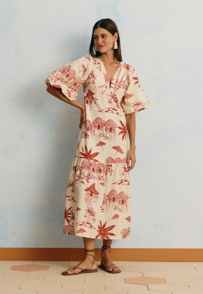 Vestido Midi Manga Bufante Estampado Playa Blanca