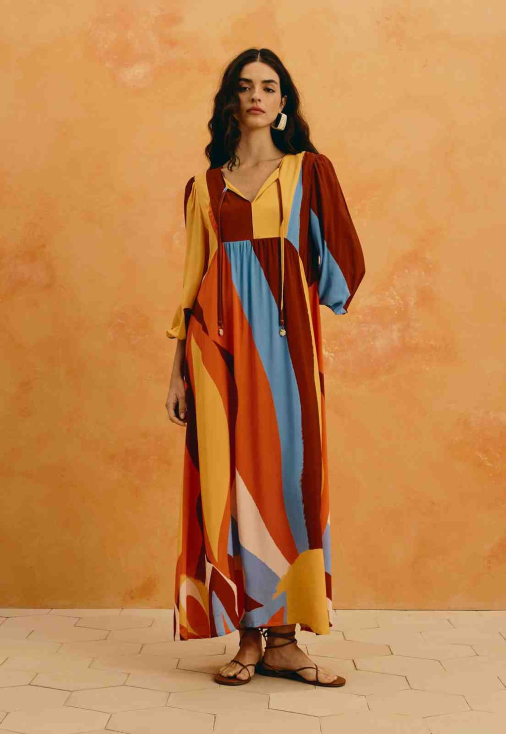 Vestido Midi Manga Bufante Estampado Solare