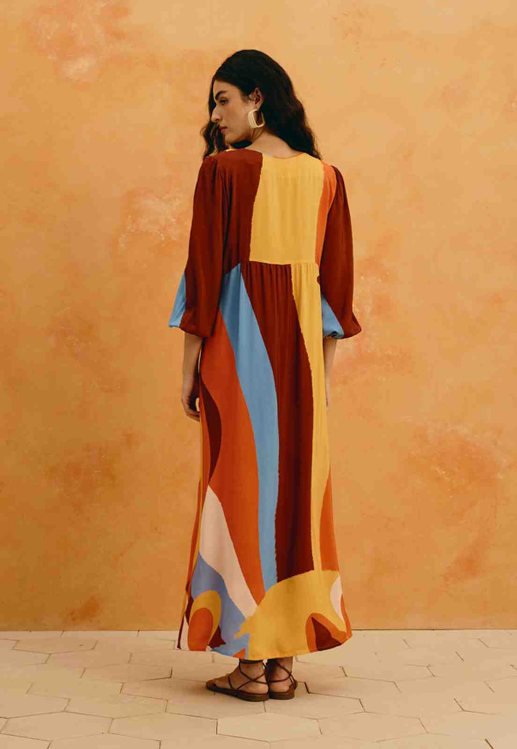 Vestido Midi Manga Bufante Estampado Solare