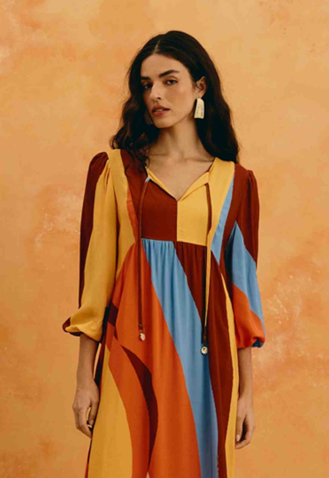 Vestido Midi Manga Bufante Estampado Solare