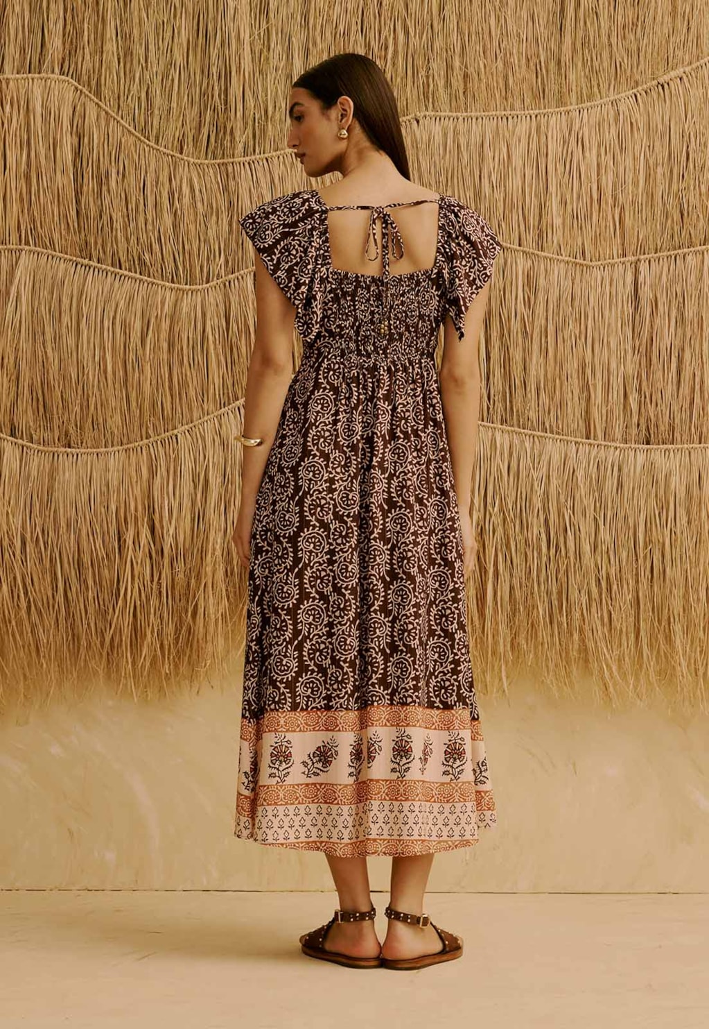 Vestido Midi Manga com Babado Estampado Kala