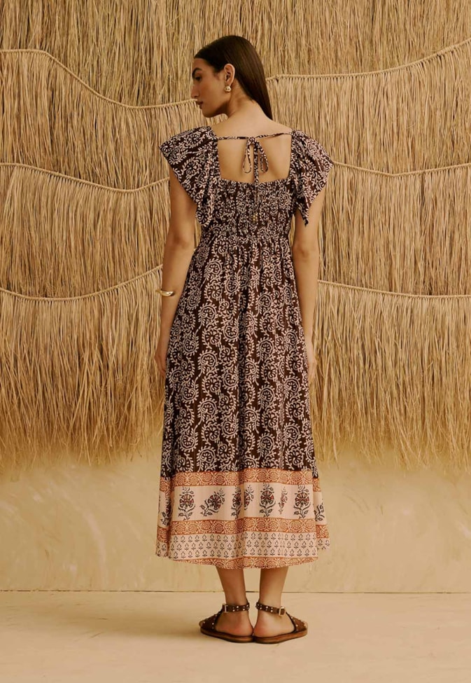 Vestido Midi Manga com Babado Estampado Kala