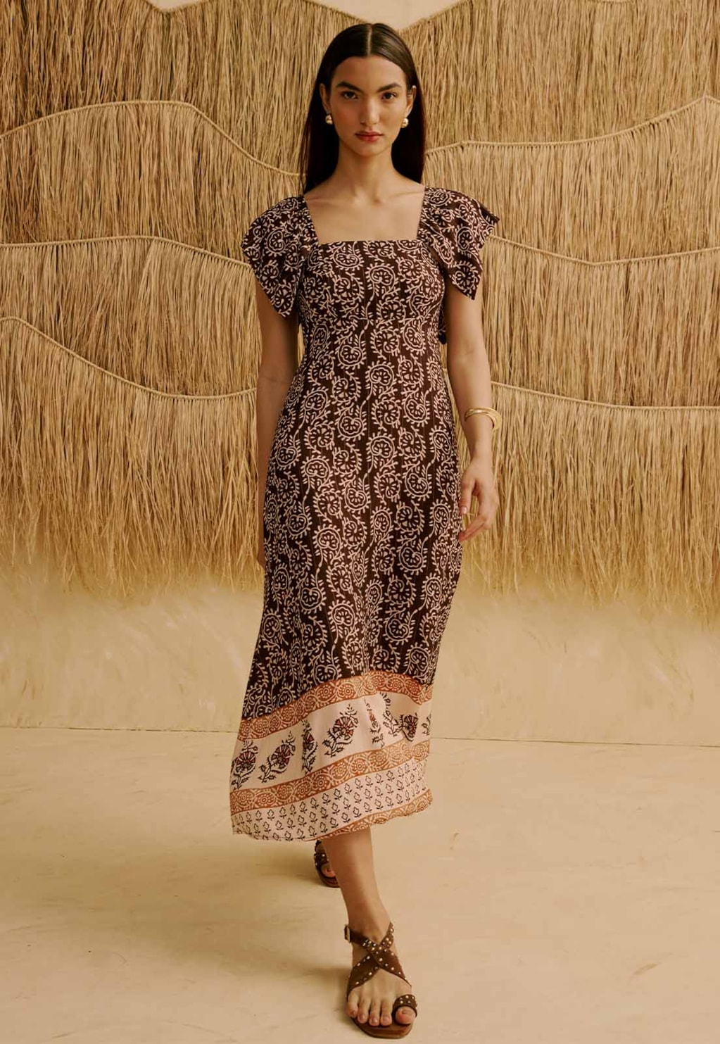 Vestido Midi Manga com Babado Estampado Kala