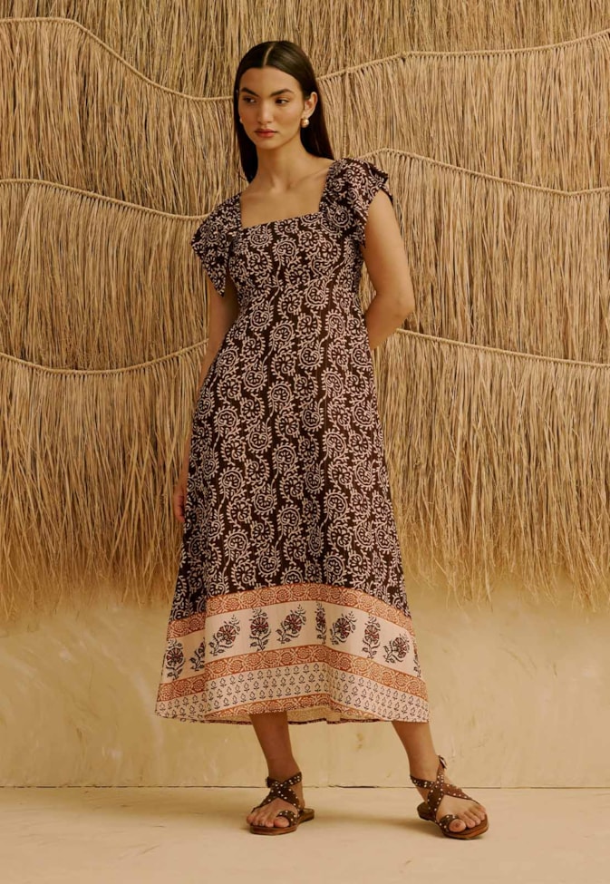 Vestido Midi Manga com Babado Estampado Kala