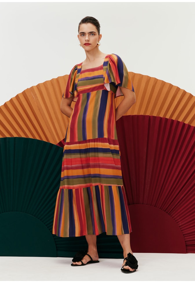 Vestido Midi Manga Curta Estampado Xaxado