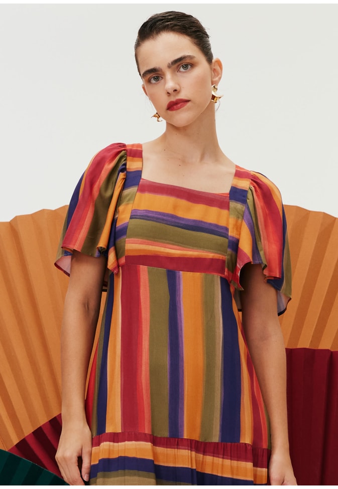 Vestido Midi Manga Curta Estampado Xaxado